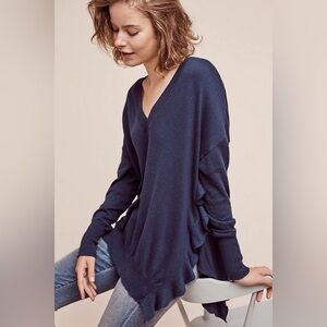 Anthropologie Moth navy slide slit ruffle tunic sweater. Size S/M
